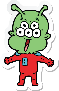 Bir insan tarafından çizilmiş mutlu bir uzaylı çizgi filminin çıkartması.