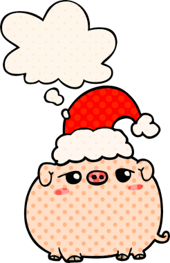 Çizgi roman tarzı düşünce baloncuklu Noel şapkası takan bir insan tarafından çizilmiş çizgi film domuzu.