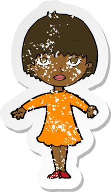 Bir insan tarafından çizilmiş, karikatür giymiş bir kadının gerilimli çıkartması.