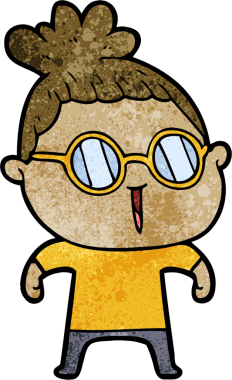 Bir insan tarafından çizilmiş gözlüklü bir karikatür kadın.