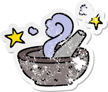 Bir insan tarafından çizilmiş garip bir el yapıştırması, sihirli tokmak ve havan topu.