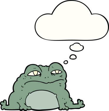 Bir insan tarafından çizilmiş düşünce baloncuklu çizgi film karakurbağası.