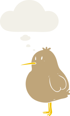 Düşünce baloncuğu olan çizgi film kivi kuşu insan tarafından çizilmiş.