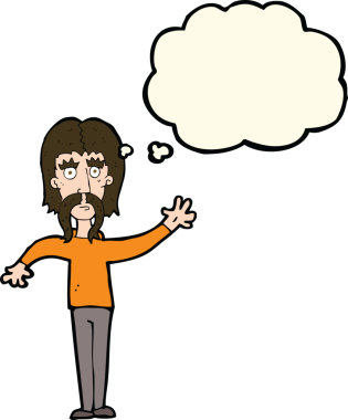 Bir insan tarafından çizilmiş düşünce baloncuklu bıyıklı bir çizgi film adamı.