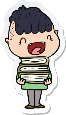 Bir insan tarafından çizilmiş yeni kitapları olan mutlu bir çocuğun çıkartması.