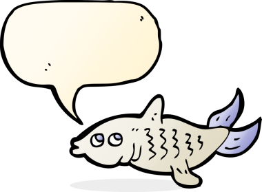 Bir insan tarafından çizilmiş konuşma balonlu çizgi film balığı.