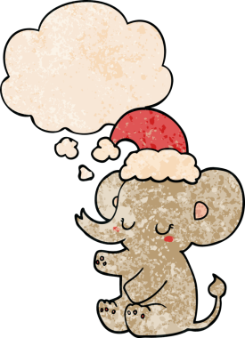 Düşünce baloncuğu olan şirin bir noel fili. Bir insan tarafından çizilmiş grunge desenli.