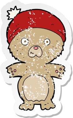 Bir insan tarafından çizilmiş şapkalı sevimli oyuncak ayının gerilimli çıkartması.