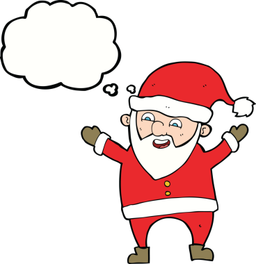 Bir insan tarafından çizilmiş düşünce baloncuklu Noel Baba çizgi filmi.