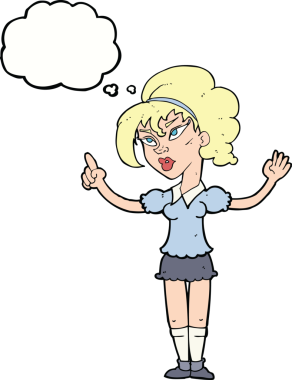 Bir insan tarafından çizilmiş düşünce baloncuğu fikri olan karikatür kadın.