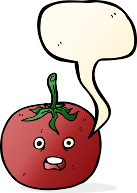 Bir insan tarafından çizilmiş konuşma baloncuklu domates.