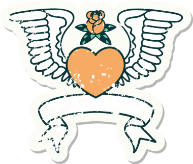 Bir insan tarafından çizilmiş kanatlı bir kalbin bayrağını taşıyan eski bir etiket.