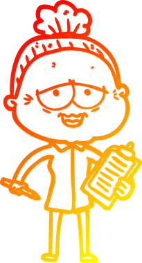 Bir insan tarafından çizilmiş mutlu, yaşlı bir kadının sıcak çizgi çizimi.