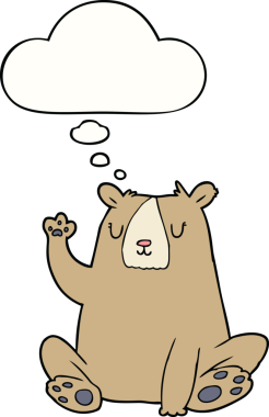 Bir insan tarafından çizilmiş düşünce baloncuğuyla el sallayan bir çizgi film ayısı.