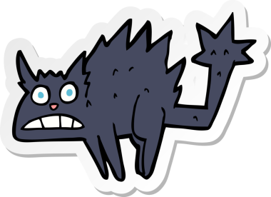 Karikatür çıkartması. Bir insan tarafından çizilmiş korkmuş siyah kedi.