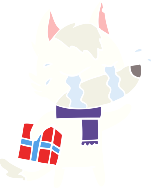 Düz renkli karikatür. Ağlayan kurt. Bir insan tarafından çizilmiş Noel hediyesi.