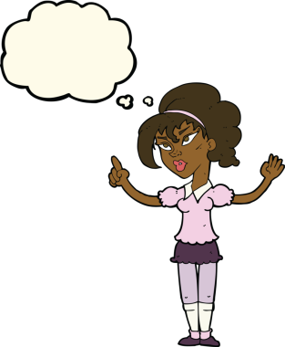 Bir insan tarafından çizilmiş düşünce baloncuğu fikri olan karikatür kadın.