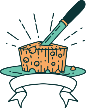 Bir insan tarafından çizilmiş dövmeli peynir tabağıyla parşömen afişi.