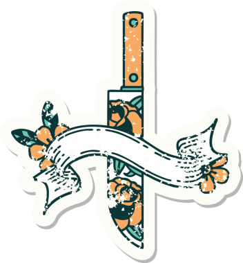 Bir hançer bayrağı ve bir insan tarafından çizilmiş çiçekler olan eski bir etiket.