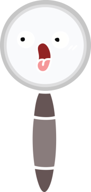 Bir insanın çizdiği büyüteçin düz renkli retro karikatürü