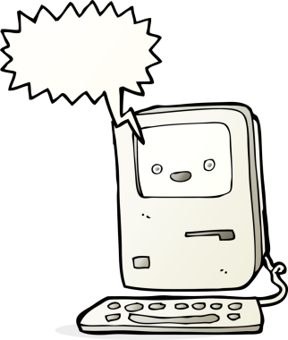 bir insan tarafından çizilmiş konuşma baloncuklu eski bir bilgisayar