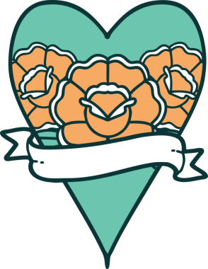 İkonik dövme stili bir kalp ve bir insan tarafından çizilmiş çiçekli pankart.