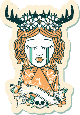 Retro Dövme Tarzı Ağlayan İnsan Druid Bir insan tarafından çizilmiş doğal bir D20 ruloyla