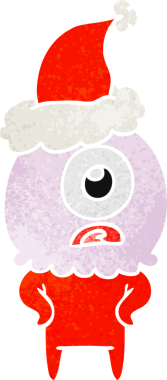 Bir insan tarafından çizilmiş Noel Baba şapkası giyen bir Tepegöz 'ün el çizimi uzaylı uzay adamı.