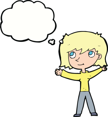 Bir insan tarafından çizilmiş düşünce balonlu mutlu kız çizgi filmi.