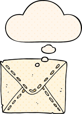 Bir insan tarafından çizilmiş, düşünce baloncuklu karikatür mektubu.