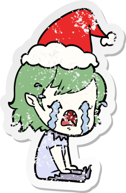 Bir insan tarafından çizilmiş Noel Baba şapkası takan ağlayan vampir bir kızın el yazısı.