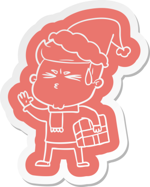 Bir insan tarafından çizilmiş Noel Baba şapkası giymiş terleyen bir adamın garip çizgi film etiketi.