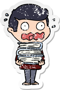 Çizgi film karakterinin sıkıntılı çıkartması. Kitapları bir insan tarafından çizilmiş.