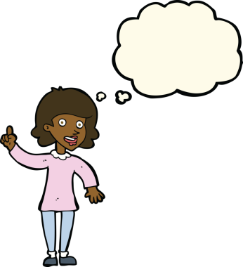 Bir insan tarafından çizilmiş düşünce baloncuğu fikri olan karikatür kadın.