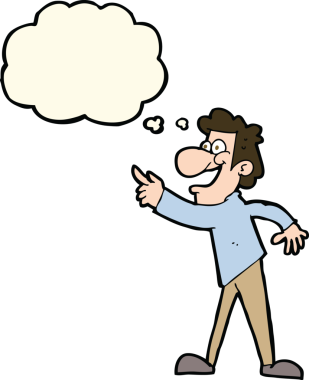 Çizgi filmci bir insan tarafından çizilmiş düşünce balonuyla gülüyor ve işaret ediyor.