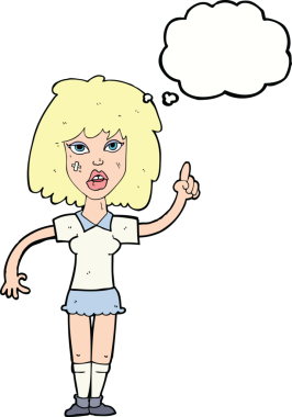 Düşünce baloncuğu bir insan tarafından çizilmiş sert bir kadın çizgi filmi.