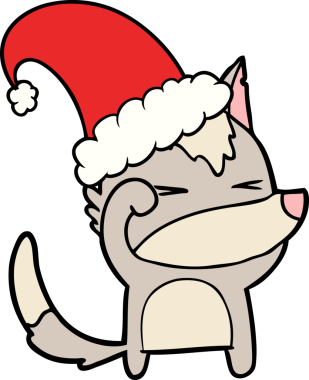 Bir insan tarafından çizilmiş Noel şapkası giyen yorgun kurt çizgi filmi.