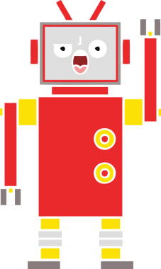 Bir insan tarafından çizilmiş kızgın bir robotun düz renkli retro karikatürü