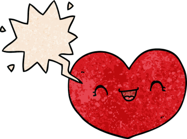 Bir insan tarafından çizilmiş eski dokuda konuşma baloncuğu olan karikatür aşk kalbi.