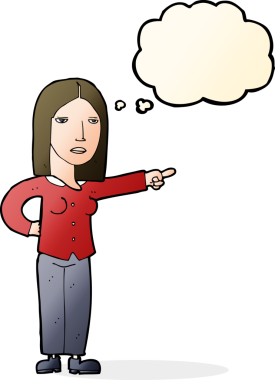 Bir insan tarafından çizilmiş düşünce balonuyla işaret eden çizgi film kadını.