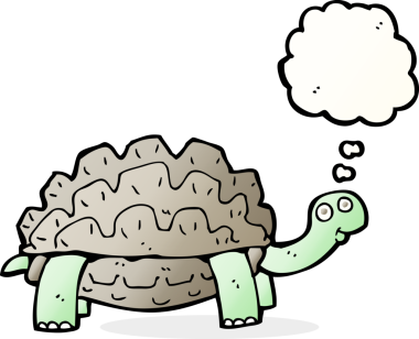 Bir insan tarafından çizilmiş düşünce baloncuklu karikatür kaplumbağası.