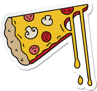 Bir insan tarafından çizilmiş tuhaf bir el çizimi peynirli pizza çıkartması.