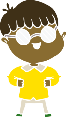 Bir insan tarafından çizilmiş gözlük takan düz renkli çizgi film çocuğu.