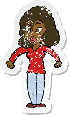 Bir insan tarafından çizilmiş omuzlarını silken karikatürlü bir kadının gerilmiş çıkartması.