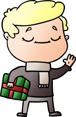 Bir insan tarafından çizilmiş Noel hediyesi taşıyan çizgi film adamı.