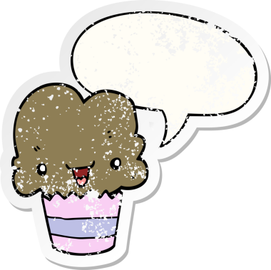 Yüzü konuşma baloncuğu olan çizgi film keki bir insan tarafından çizilmiş sıkıntılı eski bir çıkartma