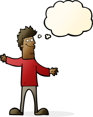 Bir insan tarafından çizilmiş düşünce balonlu mutlu adam çizgi filmi.