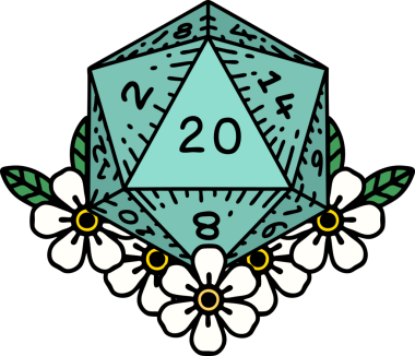 Retro Dövme Biçimi Doğal 20 D20 zar bir insan tarafından çizilmiş çiçek elementleriyle