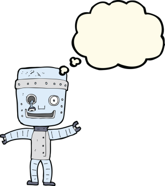 Bir insan tarafından çizilmiş düşünce baloncuğu olan komik yaşlı robot.