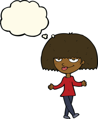 Bir insan tarafından çizilmiş düşünce baloncuğu olan kendini beğenmiş bir kadın.